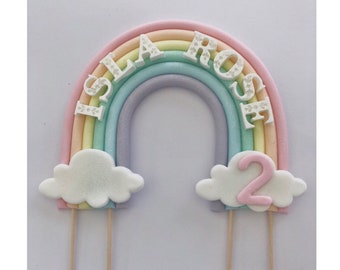 Personalised Rainbow cake topper decoration. edible fondant sugar paste PALE Pastel unicorn, first birthday. 1st birthday