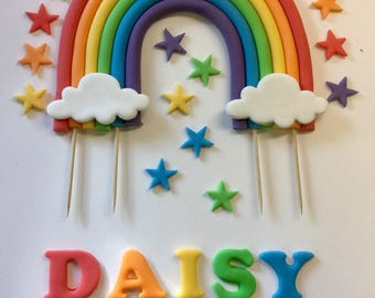 Personalised Rainbow cake topper decoration and 24 stars. edible fondant sugar paste. Bright rainbow colours. 1st birthday.