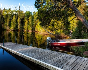 Docked at Greenwood Lake - Fine Art Photography Print, landscape, Up North, Minnesota, Lund Fishing Boat, Honda Motor, Clear, Reflection