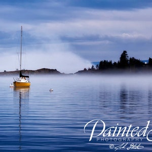 Grand Marais Harbor - Fine Art Photography Print, landscape, Lake Superior, Minnesota, Great Lakes, Sailboat, Solitary, Foggy, Cloudy