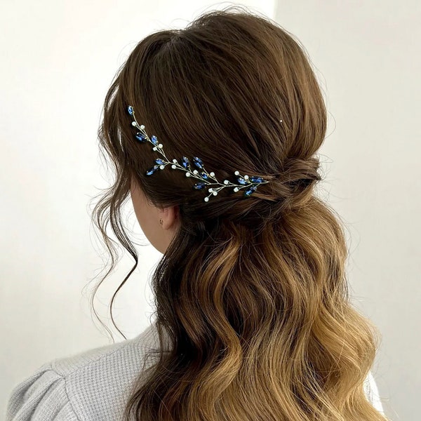 Navy blue hair piece Gold and blue hair vine Blue hair vine Blue bridal hair piece Bridal hair vine Royal blue hair piece