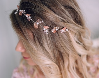 Rose Gold Bridal Hair Vine With Leaves and Crystal - Etsy display picture 1