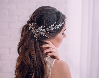 Bridal Hair Vine -Bridal Hair Piece-Crystal Hair Vine-Wedding Hair Vine - Silver Leaves Hair Vine