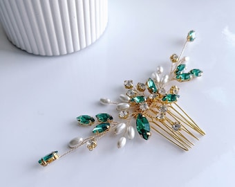 Gold emerald hair comb-Emerald hair piece-Gold hair piece-Bridal emerald hair comb-Bridal hair accessories
