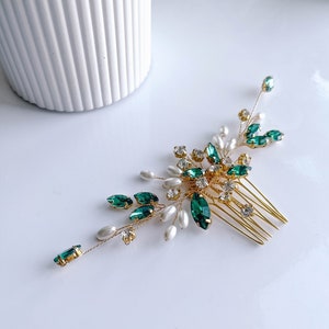 Gold emerald hair comb-Emerald hair piece-Gold hair piece-Bridal emerald hair comb-Bridal hair accessories zdjęcie 1