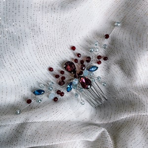 Burgundy Hair Accessories-Burgundy and Blue Hair Piece-Blue Hair Comb-Burgundy Bridal Hair Comb