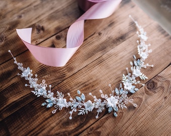 Blue Opal Bridal Hair Vine, Rhinestone Flower Girl Wreath