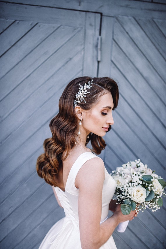 Pearl Bridal Hair Vine, Silver Crystal Wedding Headpiece - Etsy display picture 1