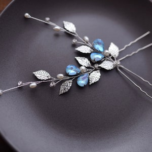 Blue hair pins,Silver and blue opal hair accessories ,Bridal hair pins,Wedding hair pins,Wedding Hair Accessories-Silver leaves hair pins