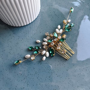 Gold emerald hair comb-Emerald hair piece-Gold hair piece-Bridal emerald hair comb-Bridal hair accessories zdjęcie 6