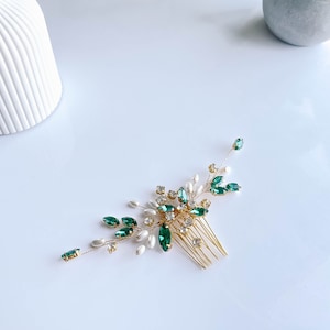 Gold emerald hair comb-Emerald hair piece-Gold hair piece-Bridal emerald hair comb-Bridal hair accessories zdjęcie 5