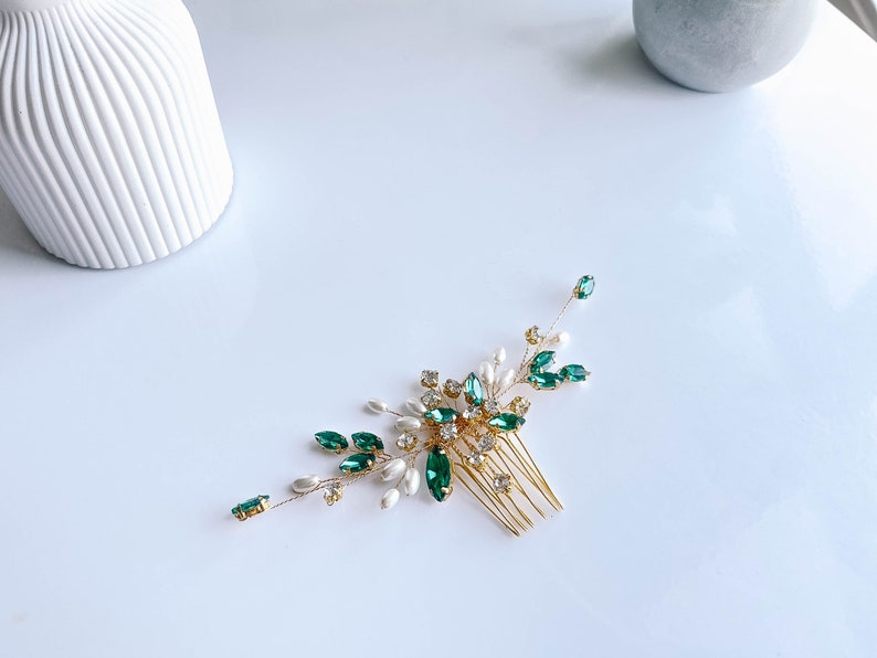 Gold emerald hair comb-Emerald hair piece-Gold hair piece-Bridal emerald hair comb-Bridal hair accessories zdjęcie 5