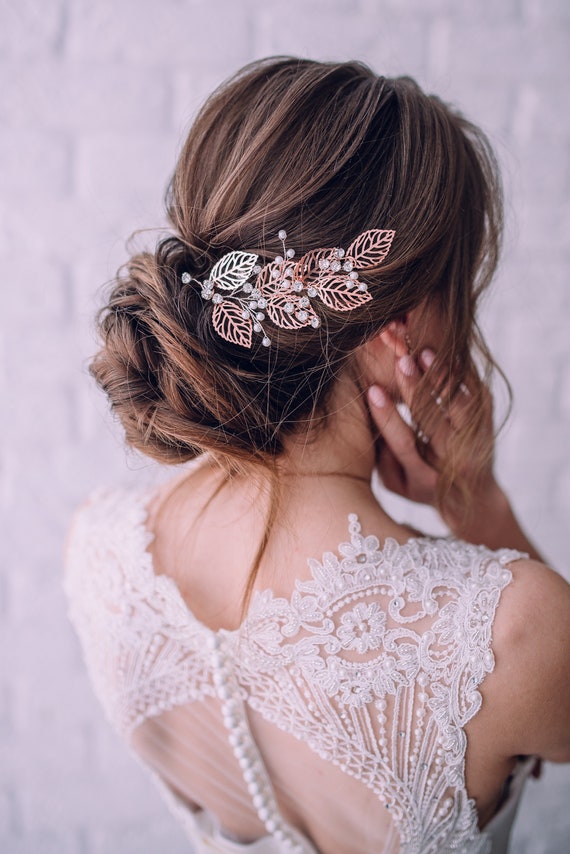 Rose Gold Leaf Bridal Hair Vine – Pearls & Rhinestones - Etsy display picture 2