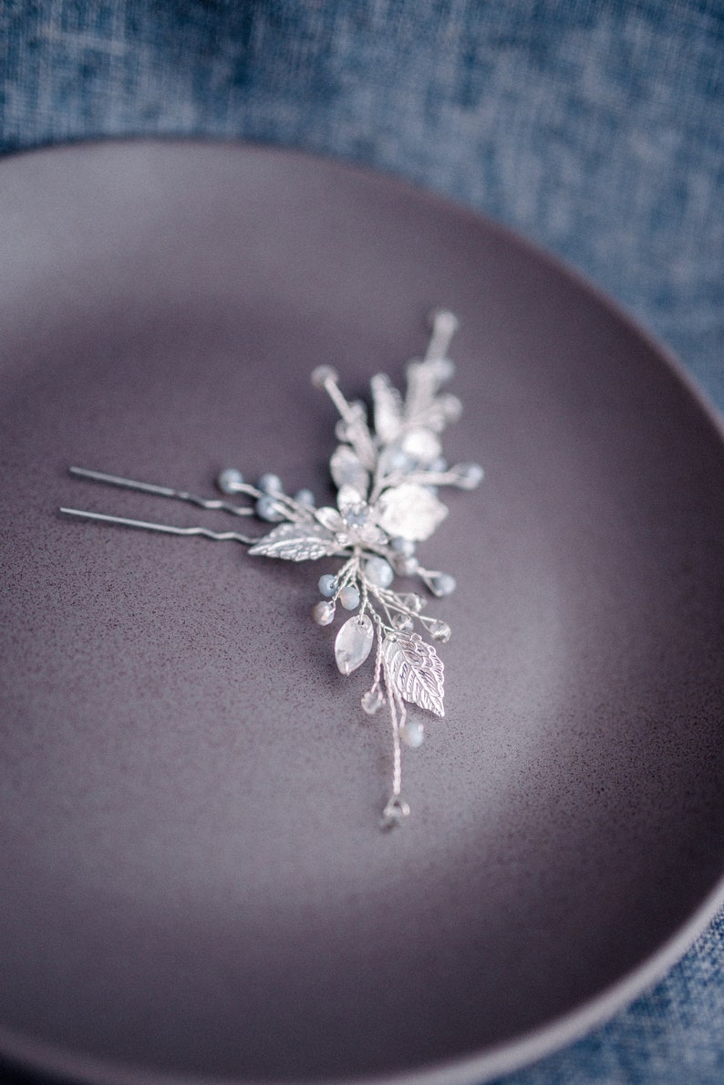 Silver Hair Pin-Bridal Hair Pin-Silver and Gray Hair Pins-Wedding Hair Pins-Bridal Hair Pins-Wedding Hair Accessories-Silver Leaves Hair Pin image 3