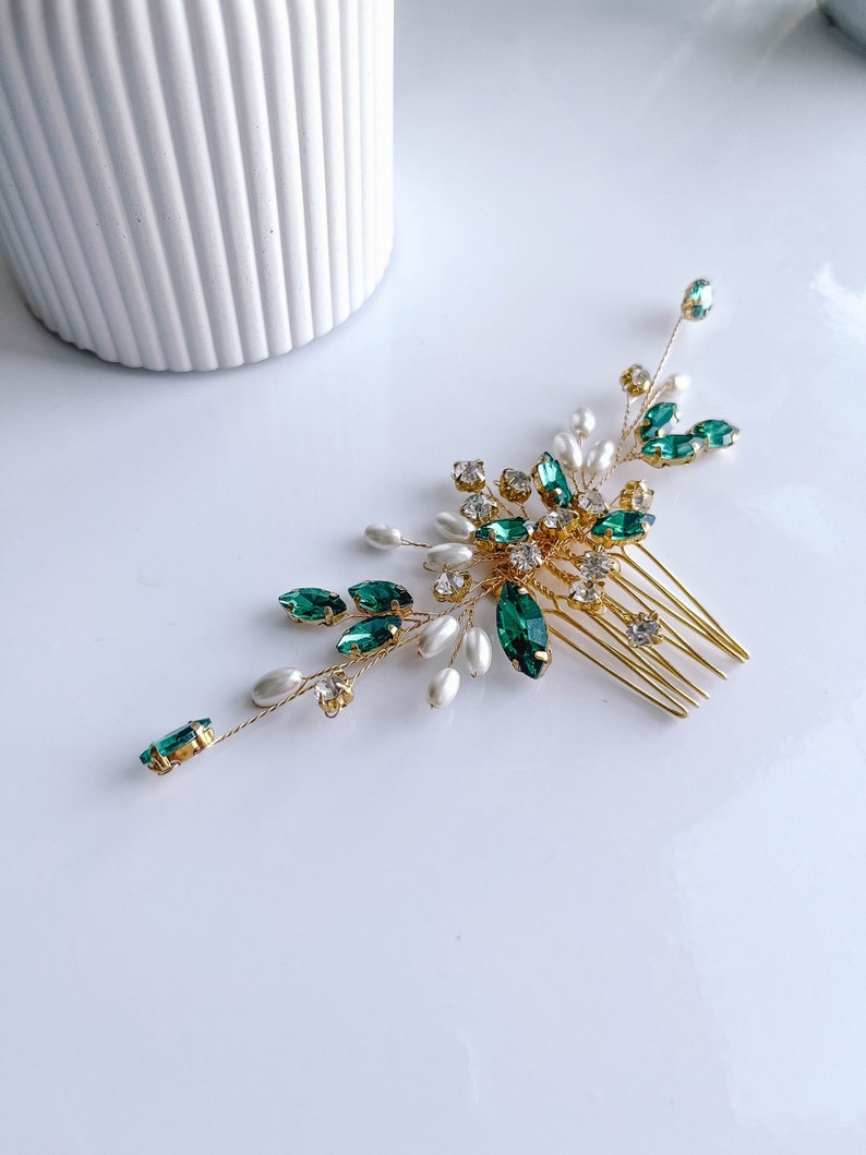 Gold emerald hair comb-Emerald hair piece-Gold hair piece-Bridal emerald hair comb-Bridal hair accessories zdjęcie 1