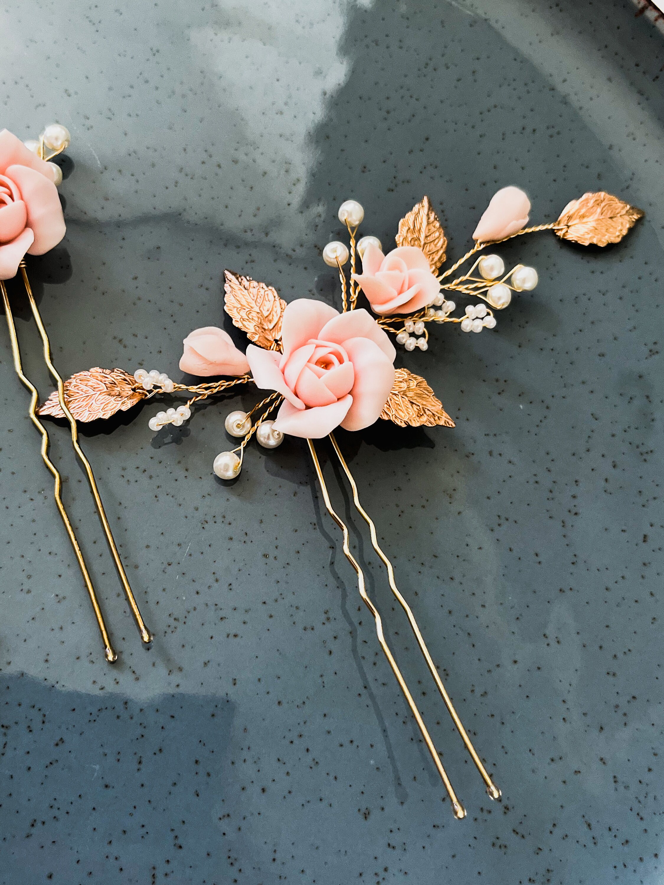 Gold and Pink Floral Hairpiece Floral Wedding Hair Comb, Gold Leaf Flower Comb, Burgundy  main image 4