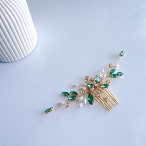 Gold emerald hair comb-Emerald hair piece-Gold hair piece-Bridal emerald hair comb-Bridal hair accessories zdjęcie 4