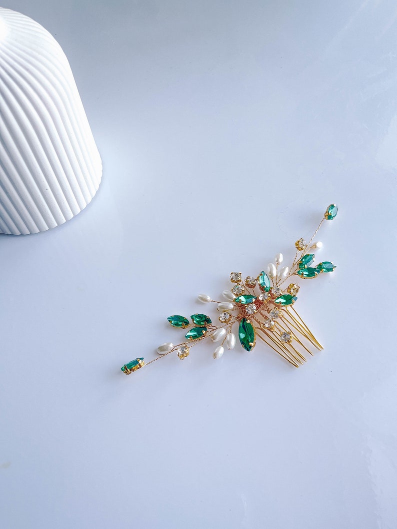 Gold emerald hair comb-Emerald hair piece-Gold hair piece-Bridal emerald hair comb-Bridal hair accessories zdjęcie 4