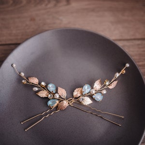 Gold hair pins,Blue opal hair pins,Gold and blue hair accessories ,Bridal hair pins,Wedding hair pins,Wedding Hair Accessories