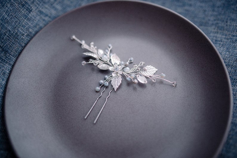 Silver Hair Pin-Bridal Hair Pin-Silver and Gray Hair Pins-Wedding Hair Pins-Bridal Hair Pins-Wedding Hair Accessories-Silver Leaves Hair Pin image 2