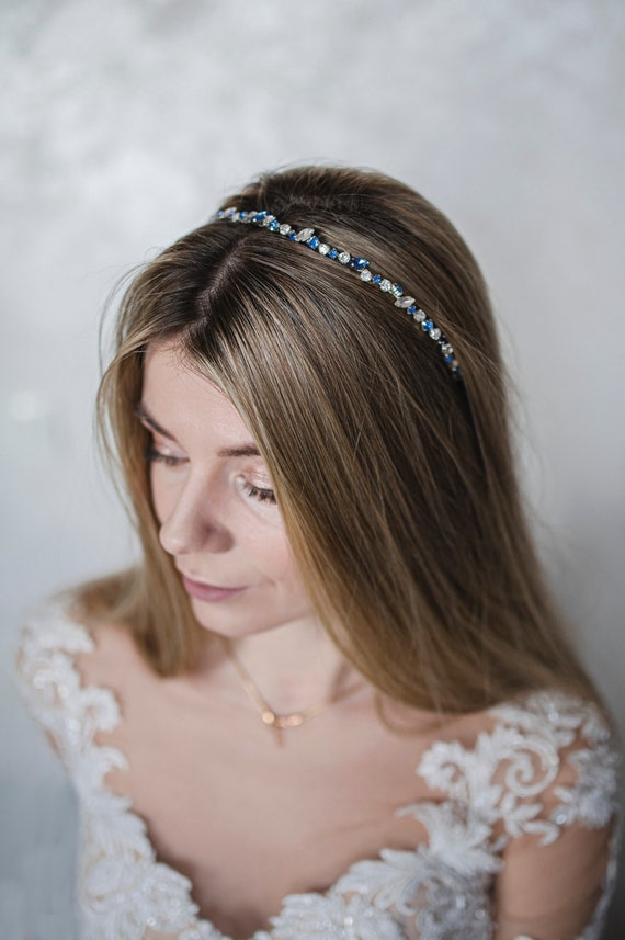 Bridal Rhinestone Headband: Blue & White Wedding Hair  display picture 1