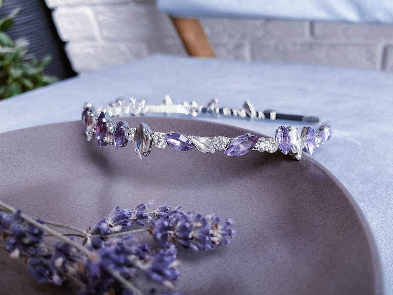 May include: A silver headband with purple and clear rhinestones in a leaf shape.