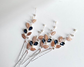 Navy blue hair pins-Rose gold hair pins-Navy blue hair piece-Something Blue hair accessories-Bridal hair pins-Wedding hair pins