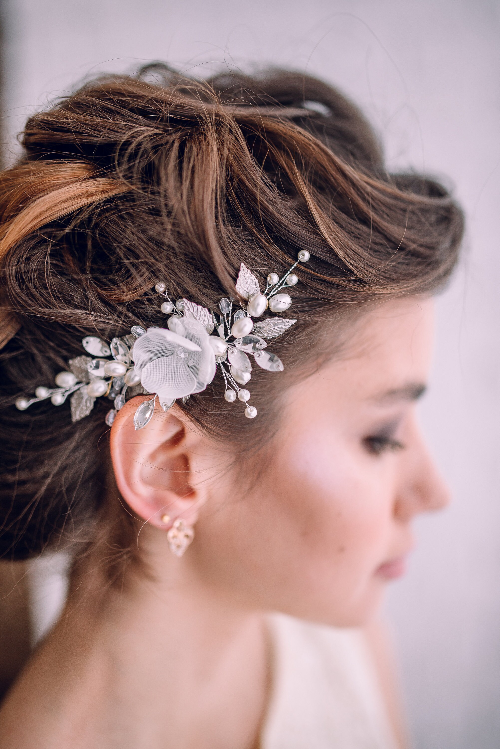Silver leaves Bridal Hair CombSilk Flower Bridal Hair Etsy