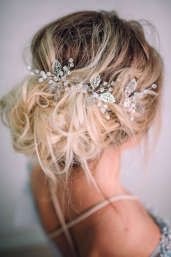 Silver Leaf Bridal Hair Pins – Rhinestone Wedding Headpiece  display picture 2