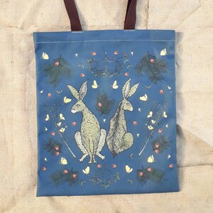 Hares in Winter organic cotton tote bag. Botanical print eco shopper. Gifts to post. Original present.