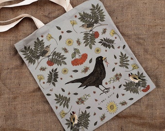 Birds in Rowan organic cotton tote bag. Useful eco gift for gardeners. Botanical witchy folk art design. Shopping bag