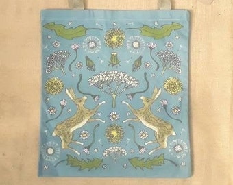 Hares in spring flowers.  Organically grown cotton tote bag. Botanical print. eco shopper.