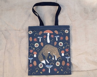 Fox in Autumn organic cotton tote . Fungi / Toadstool botanical print shopping bag. Witchy pattern shopping bag . Gift for nature goths