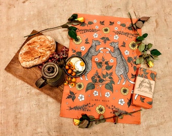 Tea towel.Cats in Catnip. organic cotton folk art eco kitchen gift for cat lovers. witchy/ botanical gift.