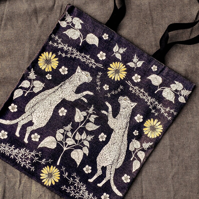 Cats in Catnip tote bag Organic cotton Botanical / Witchy / magical/ mystical occult print shopper. Useful & unusual eco gift for cat people image 3