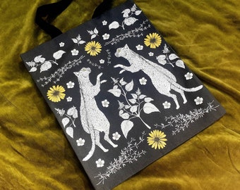 Cats in Catnip tote bag Organic cotton Botanical / Witchy / magical/ mystical occult print shopper. Useful & unusual eco gift for cat people