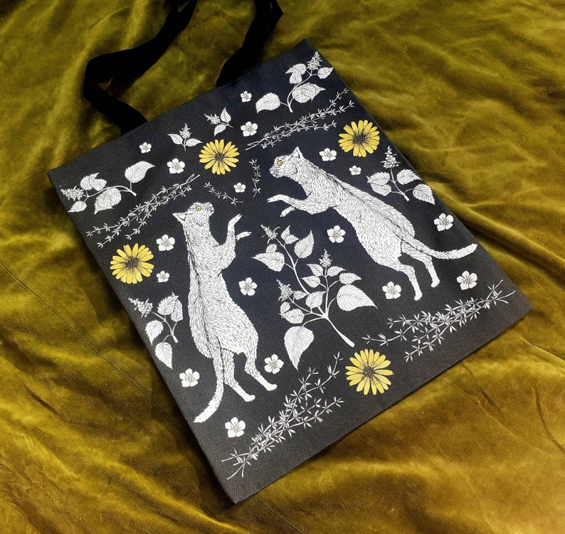 Cats in Catnip tote bag Organic cotton Botanical / Witchy / magical/ mystical occult print shopper. Useful & unusual eco gift for cat people image 1