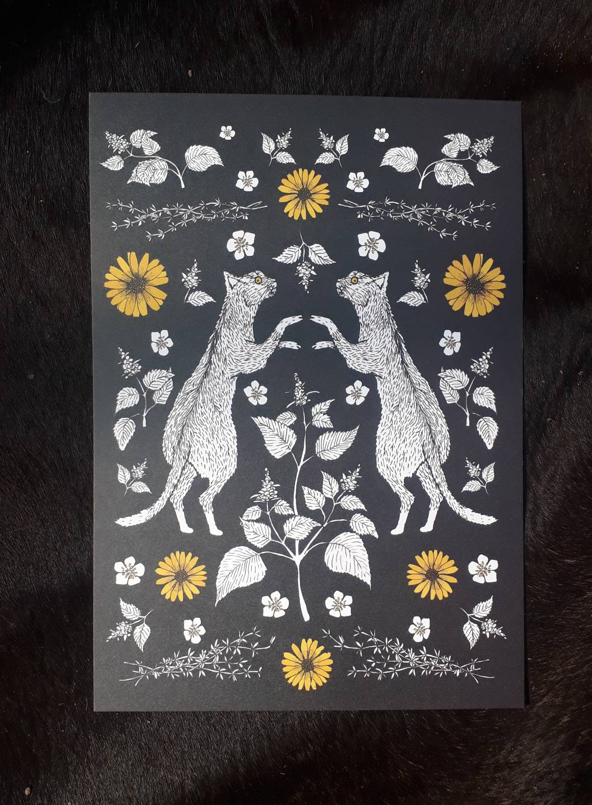 Cats in Catnip (black). A5 Botanical wall art print. Witchy/animal/oc…