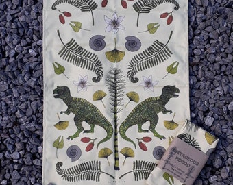 tea towel. Organic cotton Cretaceous period dinosaur t-rex gift for cooks, eco sourdough bread wrap