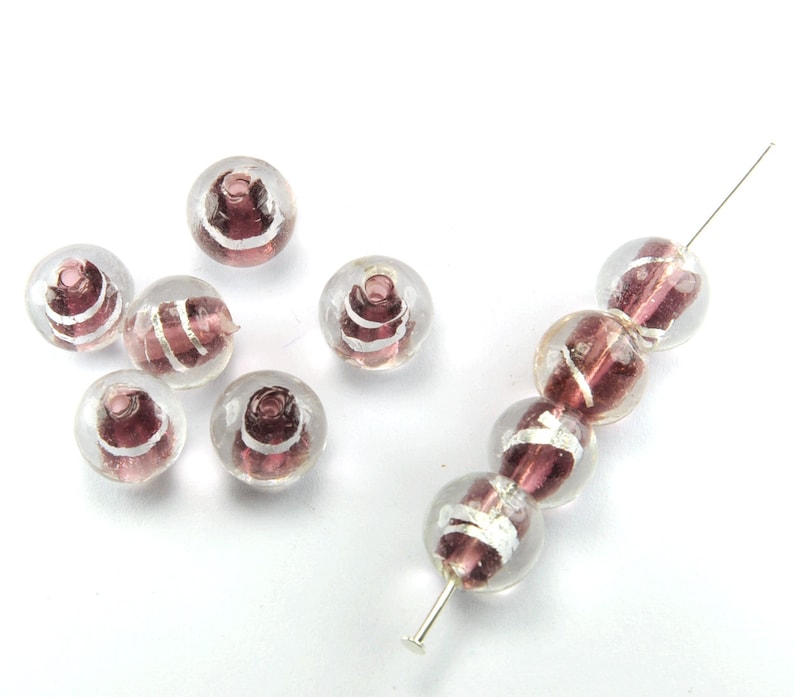 Lot 10 round beads 8 mm Lampwork Murano amethyst silver leaf