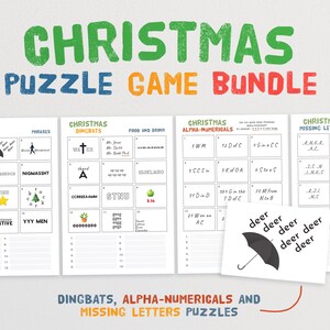 Puede incluir: Cuatro hojas de juegos de rompecabezas de Navidad imprimibles. Las hojas incluyen dingbats, alfa-num&eacute;ricos y rompecabezas de letras faltantes. Los rompecabezas tienen el tema de Navidad. Las hojas son blancas con texto negro e ilustraciones.