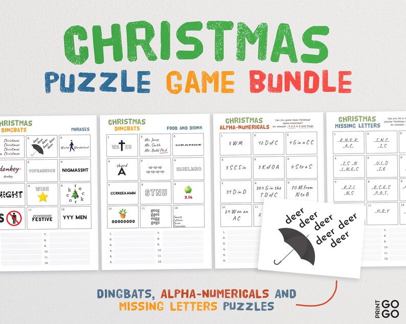 Puede incluir: Cuatro hojas de juegos de rompecabezas de Navidad imprimibles. Las hojas incluyen dingbats, alfa-num&eacute;ricos y rompecabezas de letras faltantes. Los rompecabezas tienen el tema de Navidad. Las hojas son blancas con texto negro e ilustraciones.