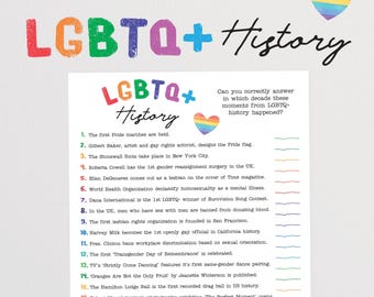 HBTQ+-historiaquiz - Roligt utskrivbart spel som hjälper dig att fira Pride-månaden och varje månad (digital nedladdning)