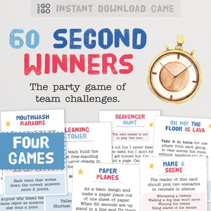60 Sekunden Sieger - Das lustige Familien-Partyspiel von Team-Challenges und Aufgaben | Druckbare Urlaub Gruppenspiele | Minuten Spiel Ansagen