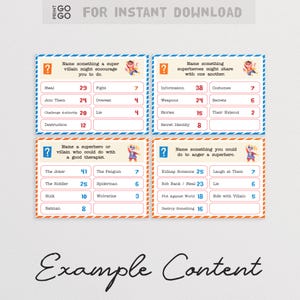 以下が含まれることがあります： 4枚のカラフルなカード。各カードには、疑問符とスーパーヒーローまたは悪役の漫画キャラクターが描かれています。各カードには、各アイテムの横に番号が付けられたアイテムのリストがあります。カードのタイトルは、「スーパー悪役があなたに勧めるかもしれないことを書いてください」、「スーパーヒーローがお互いに共有するかもしれないものを書いてください」、「良いセラピストが必要なスーパーヒーローまたは悪役を書いてください」、「スーパーヒーローを怒らせることができることを書いてください」。です。