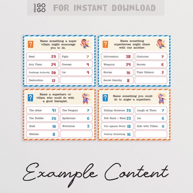 以下が含まれることがあります： 4枚のカラフルなカード。各カードには、疑問符とスーパーヒーローまたは悪役の漫画キャラクターが描かれています。各カードには、各アイテムの横に番号が付けられたアイテムのリストがあります。カードのタイトルは、「スーパー悪役があなたに勧めるかもしれないことを書いてください」、「スーパーヒーローがお互いに共有するかもしれないものを書いてください」、「良いセラピストが必要なスーパーヒーローまたは悪役を書いてください」、「スーパーヒーローを怒らせることができることを書いてください」。です。