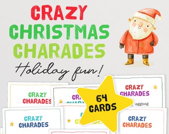 Może przedstawiać: Drukowana gra świąteczna z 64 kartami przedstawiająca kreskówkowego Świętego Mikołaja. Gra nosi nazwę "Crazy Christmas Charades" i zawiera takie zwroty jak "eggnog", "ufny indyk" i "leniwe światełka".