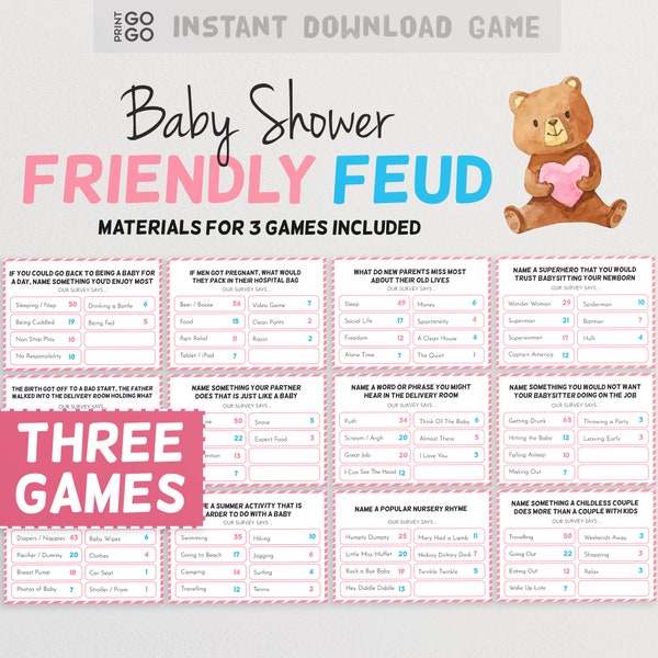 Baby Shower Friendly Feud Game (Pink) - The Hilarious Party Game of Guessing Top Answers | Baby Shower Group Game | Mother to Be Party Game