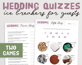 May include: Two printable wedding quiz games with pink and white text. The first quiz is a trivia quiz with questions about weddings. The second quiz is a gifts quiz with questions about traditional anniversary gifts. 