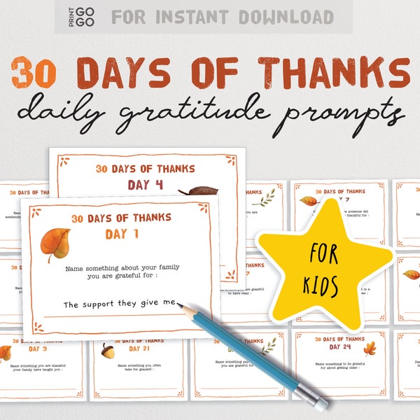 30 Days of Thanks - Question Cards to Prompt Daily Gratitude for Children | Kids Thanksgiving Activity | Family Give Thanks Exercise